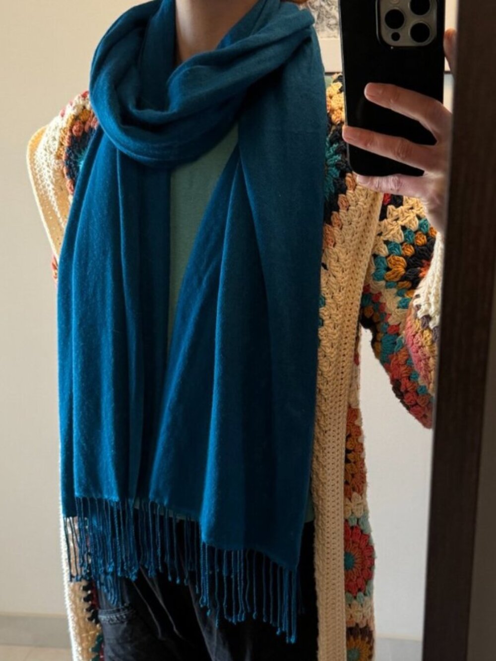 Silk & Cashmere Wool Turquoise Blue Soft Scarf Tassles St.Michael Vintage
